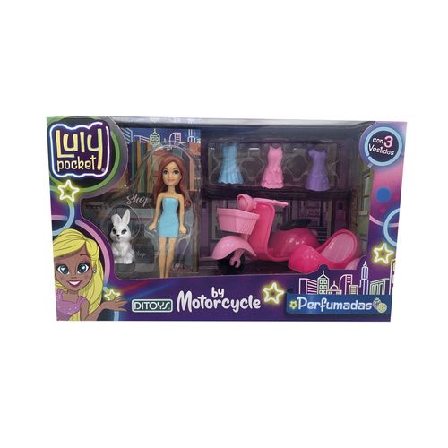 Muñeca Perfumada Luly Pocket Moto + Accesorios Celeste