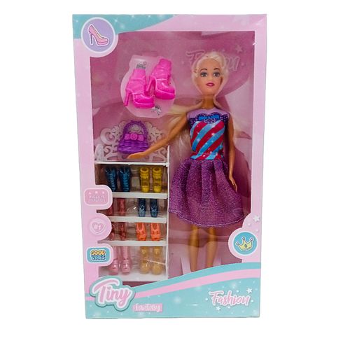 Muñeca Tiny Fashion Con Zapatero Falda Brillante
