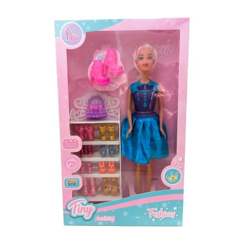 Muñeca Tiny Fashion Con Zapatero Pollera Celeste