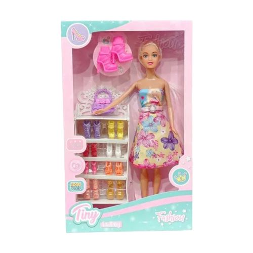Muñeca Tiny Fashion Con Zapatero Vestido Floreado