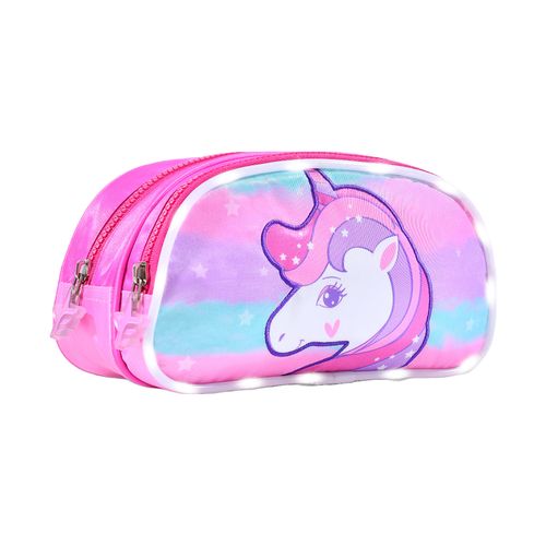 Cartuchera Escolar Doble Cierre Con Luz Led Unicorno Fucsia