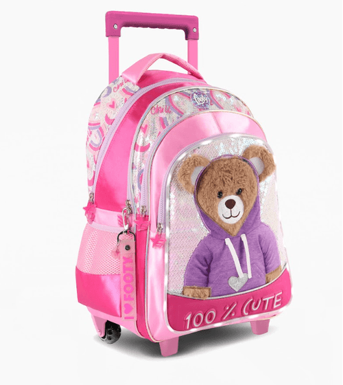 Mochila Carro Footy Teddy 18” con Luz Led Rosa