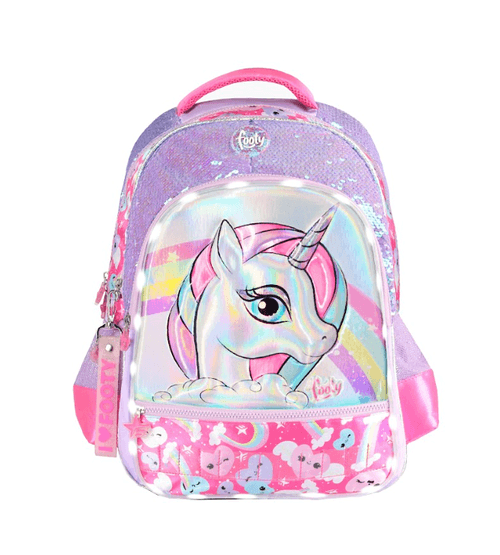 Mochila Espalda Footy Rainbow Unicorn 18” con Luz Led Lila
