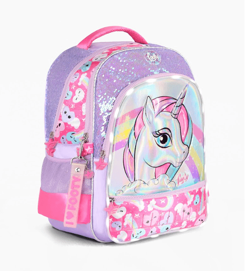 Mochila Espalda Footy Rainbow Unicorn 18” con Luz Led Lila
