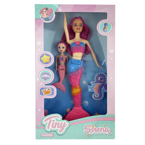 Muñeca Tiny Sirena y Mini sirena Celeste Fucsia y Amarillo