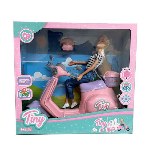 Muñeca Tiny y su Moto Remera Rayas Blanca y Negra