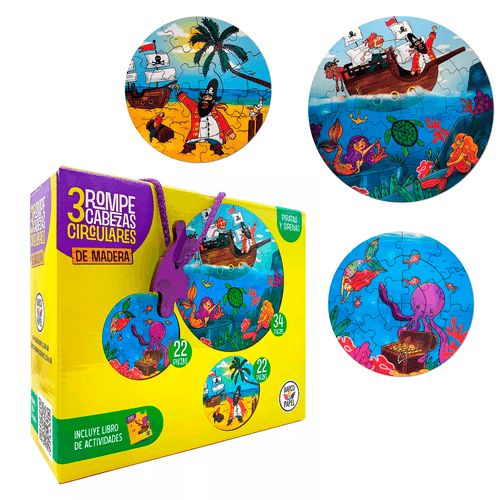 Set 3 Rompecabezas Circular de Madera Piratas y Sirenas