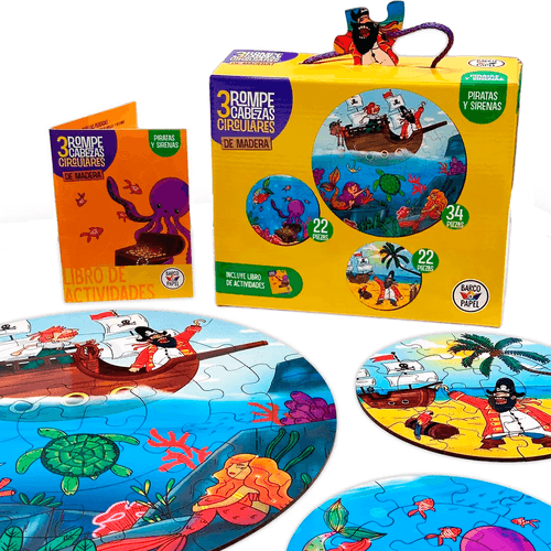 Set 3 Rompecabezas Circular de Madera Piratas y Sirenas