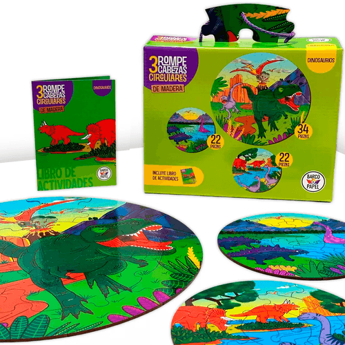 Set 3 Rompecabezas Circular de Madera  Dinosaurios