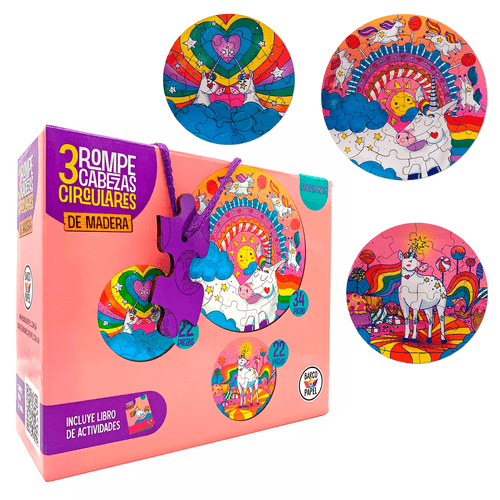 Set 3 Rompecabezas Circular de Madera  Unicornios
