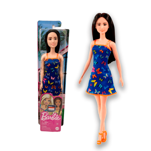 Muñeca Barbie Básica Original Vestido Mariposas Azul