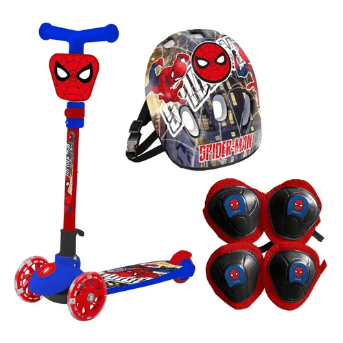 Monopatín Spiderman Plegable + Kit Casco Y Protecciones Con Ruedas Rojas