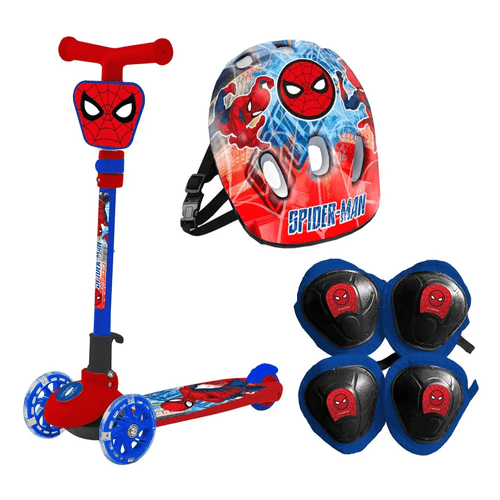 Monopatin Spiderman Plegable Con Luces Incluye Casco, Rodilleras y Coderas Ruedas Azules