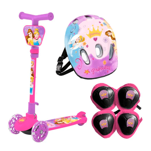 Monopatín Princesas Plegable con luces. Incluye Casco, Rodilleras y Coderas. Rosa