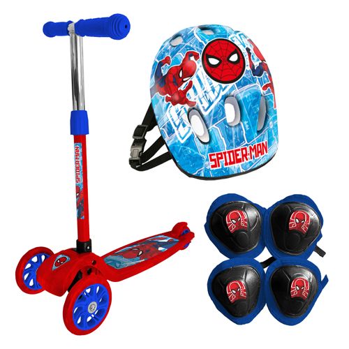 Monopatín de pie Plegable con Luces reforzado Spiderman con Casco, Rodilleras y Coderas Ruedas Rojas