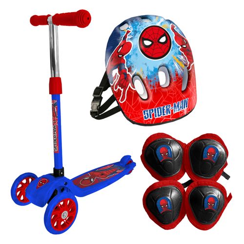 Monopatín de pie Plegable con Luces reforzado Spiderman con Casco, Rodilleras y Coderas Ruedas Azules