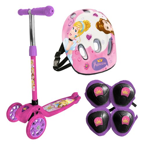 Monopatín de pie Plegable con Luces reforzado Princesas con Casco, Rodilleras y Coderas Ruedas Rosas