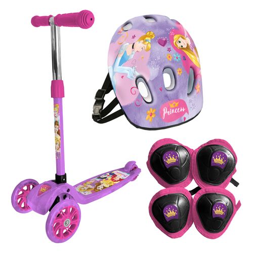 Monopatín de pie Plegable con Luces reforzado Princesas con Casco, Rodilleras y Coderas Ruedas Lilas