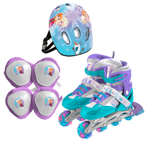 Rollers Frozen 3 en 1 con Luces y Ruedas Intercambiables Incluye Casco, Rodilleras y Coderas Talle S Celeste