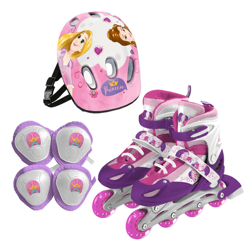 Rollers Princesas 3 en 1 con Luces y Ruedas Intercambiables Incluye Casco, Rodilleras y Coderas Talle M Violeta