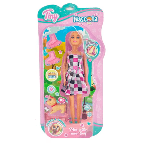 Muñeca Tiny con Mascota y Accesorios en Blister Vestido Cuadrille Lila y Negro
