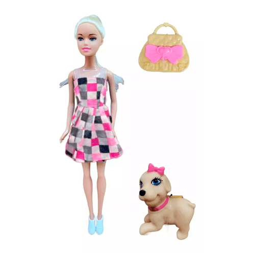 Muñeca Tiny con Mascota y Accesorios en Blister Vestido Cuadrille Lila y Negro