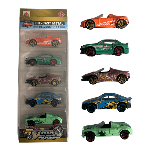 Pack x5 Autos Clásicos Die-Cast Metal Retro Naranja Descapotable