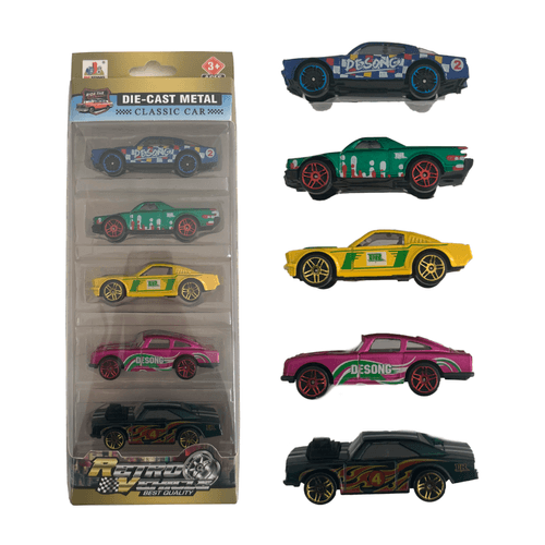Pack x5 Autos Clásicos Die-Cast Metal Retro Azul Desong