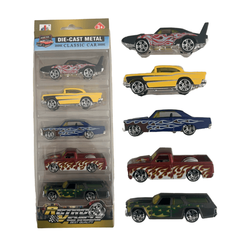 Pack x5 Autos Clásicos Die-Cast Metal Retro Simil Hot Wheels Negro con Llamas