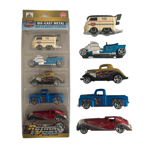 Pack x5 Autos Clásicos Die-Cast Metal Retro Simil Hot Wheels Van Blanca