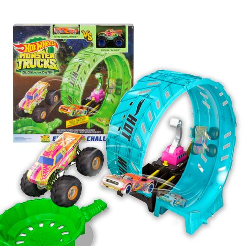 Pista Hot Wheels Monster Trucks Desafío de Vueltas 360 con Brillo en la Oscuridad