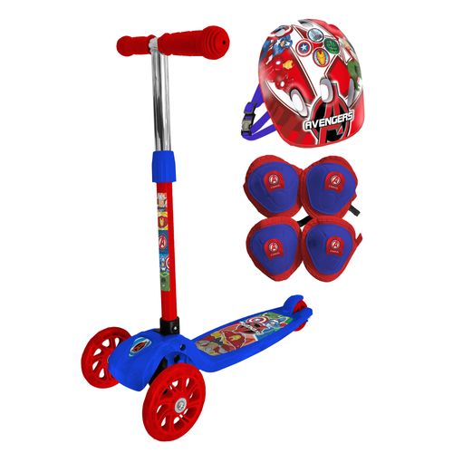 Monopatín Avengers Plegable con Luces, Casco, Rodilleras y Coderas Base Azul