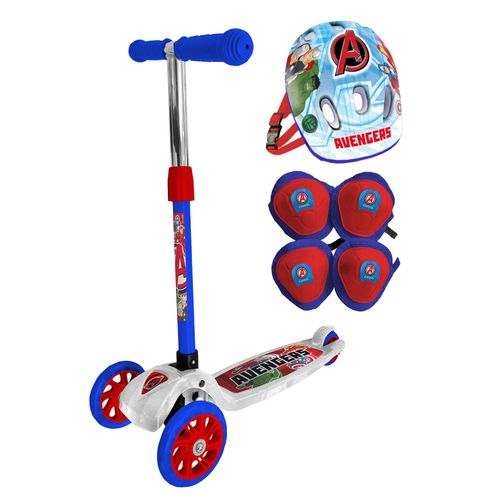 Monopatín Avengers Plegable con Luces, Casco, Rodilleras y Coderas Base Blanca