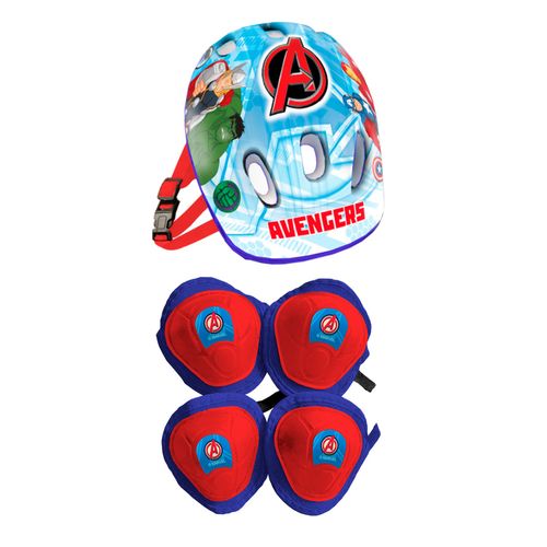 Monopatín Avengers Plegable con Luces, Casco, Rodilleras y Coderas Base Blanca