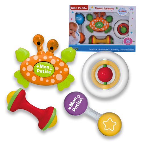 Mon Petite Tiernos Sonajeros Set x4 con Actividades Cangrejo Naranja