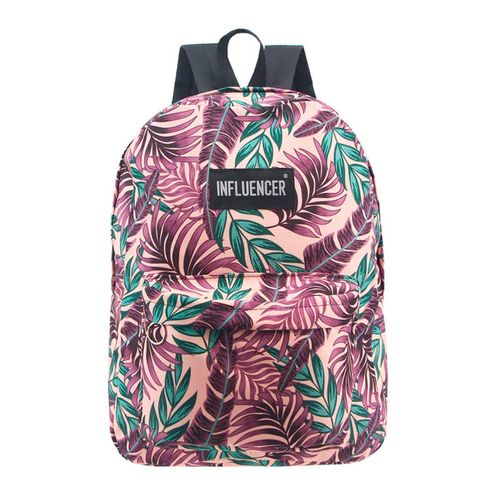 Mochila Espalda 17 Pulgadas Influencer Print con Portabotellas Violeta y Verde Hojas