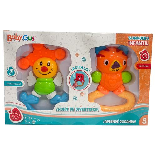 Set x2 Sonajeros Interactivos Multisensoriales Tigre Naranja y Payaso Amarillo