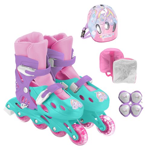 Rollers Unicornio Bota Regulable con Bolsa Transportadora y Protecciones Talle M Celeste