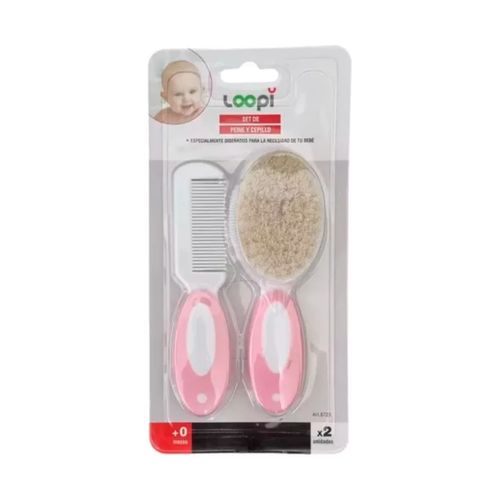 Set Peine y Cepillo Cerdas Naturales Para Bebes +0m Rosa Loopi