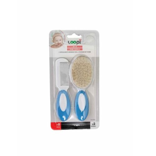 Set Peine y Cepillo Cerdas Naturales Para Bebes +0m Azul Loopi