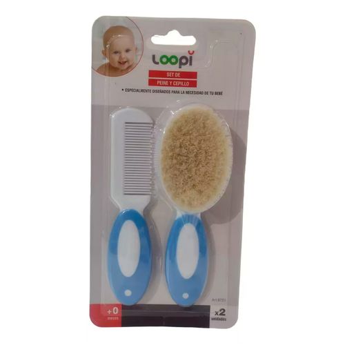 Set Peine y Cepillo Cerdas Naturales Para Bebes +0m Azul Loopi