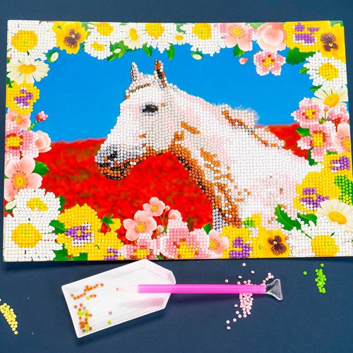 Diamantiny Level Up Cuadros Decorativos con Gemas 3D Caballo Blanco
