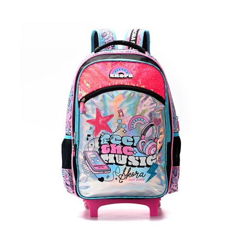 Mochila Carrito Skora Lettering Feel The Music 18 Pulgadas Color Rosa Con Negro