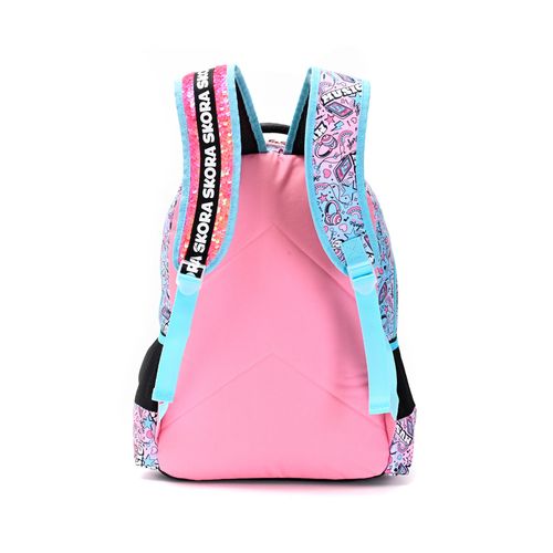 Mochila Skora Lettering Escolar 18 Pulgadas Color Rosa Con Negro Diseño Lentejuelas Con Llavero