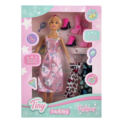 Muñeca Tiny Fantasy Fashion Remera Rosa Unicornio con Accesorios 3 Vestidos y 2 pares de Zapatos