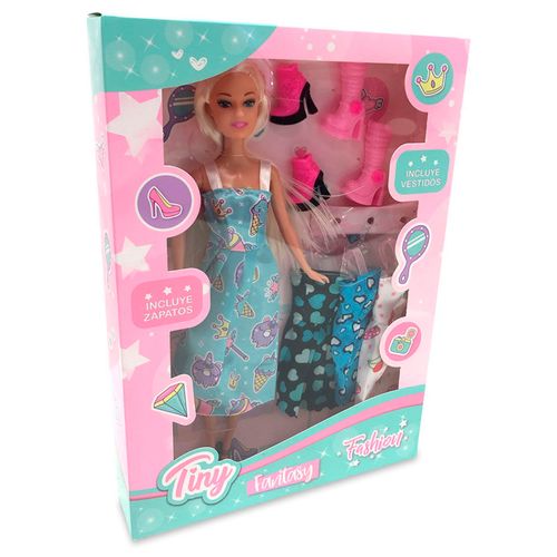 Muñeca Tiny Fantasy Fashion Remera Celeste Helado con Accesorios 3 Vestidos y 2 pares de Zapatos