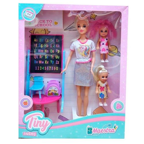 Muñeca Tiny Fantasy Maestra Remera Unicornio con 2 Alumnas y Accesorios