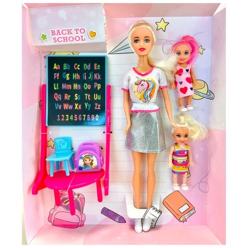 Muñeca Tiny Fantasy Maestra Remera Unicornio con 2 Alumnas y Accesorios