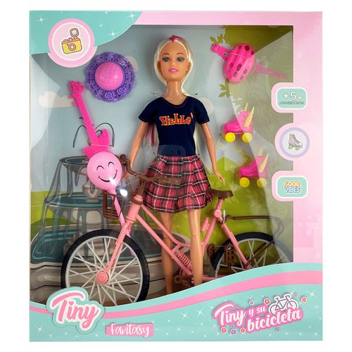 Muñeca Tiny Fantasy con Bicicleta, Rollers y Accesorios Remera Azul