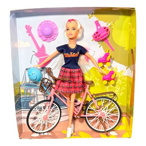 Muñeca Tiny Fantasy con Bicicleta, Rollers y Accesorios Remera Azul